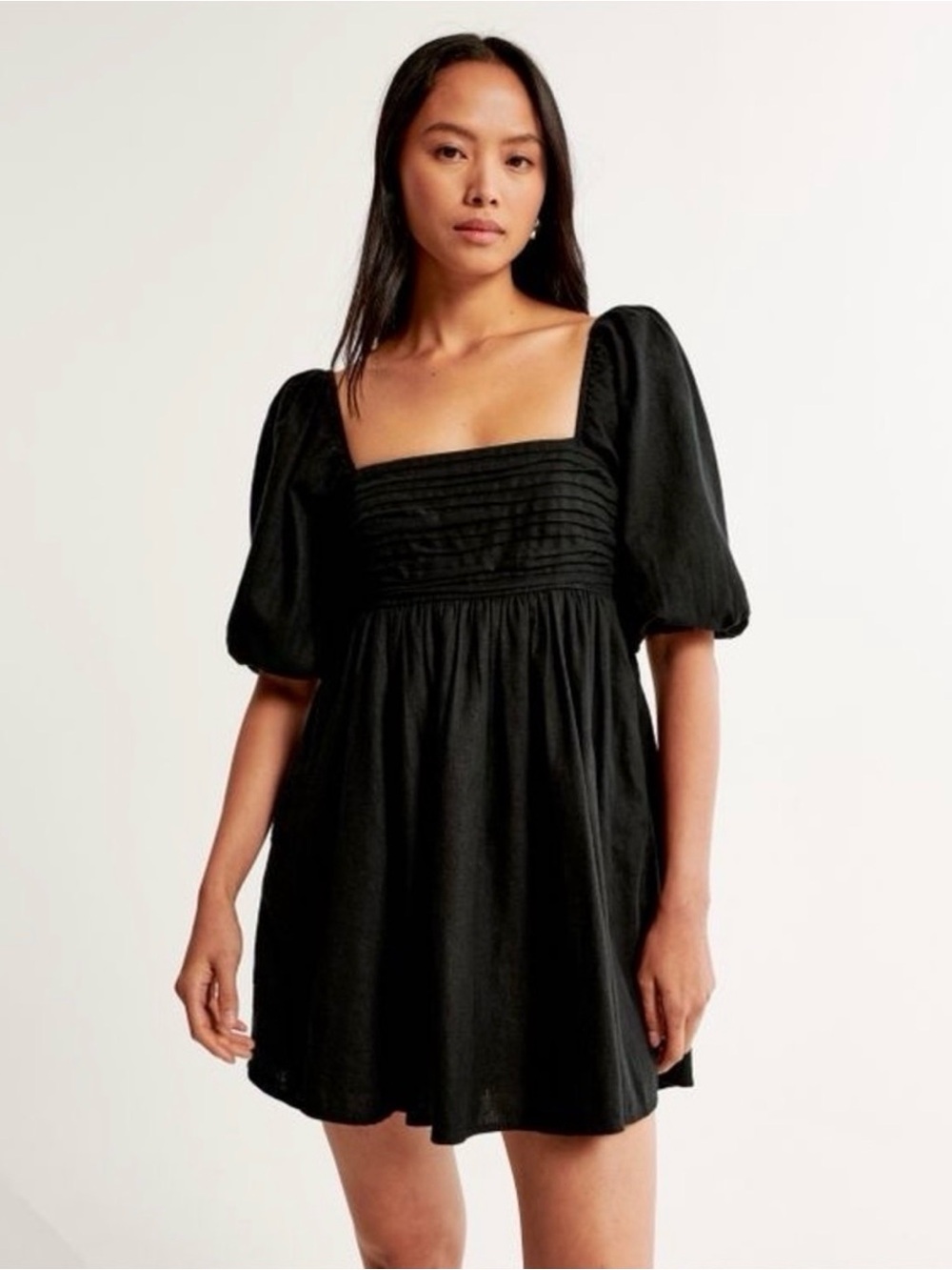 Abercrombie & Fitch Emerson Poplin Puff-Sleeve Square-Neck Mini Dress Black